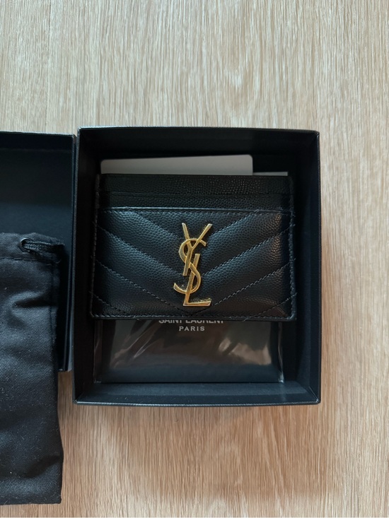 Saint Laurent Accessories - Saint Laurent Black Grained Leather Cassandre Card Case with Gold YSL Monogram